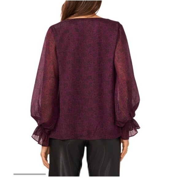 Halogen Metallic Balloon Sleeve Blouse Size XS V Neck Sheer Sleeve NWT Purple - Picture 3 of 14